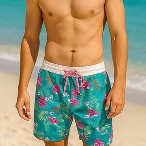 Burnside Board Shorts Mens‎ M Floral Teal Pink Swim Surf Beach Swimwear Vacation
